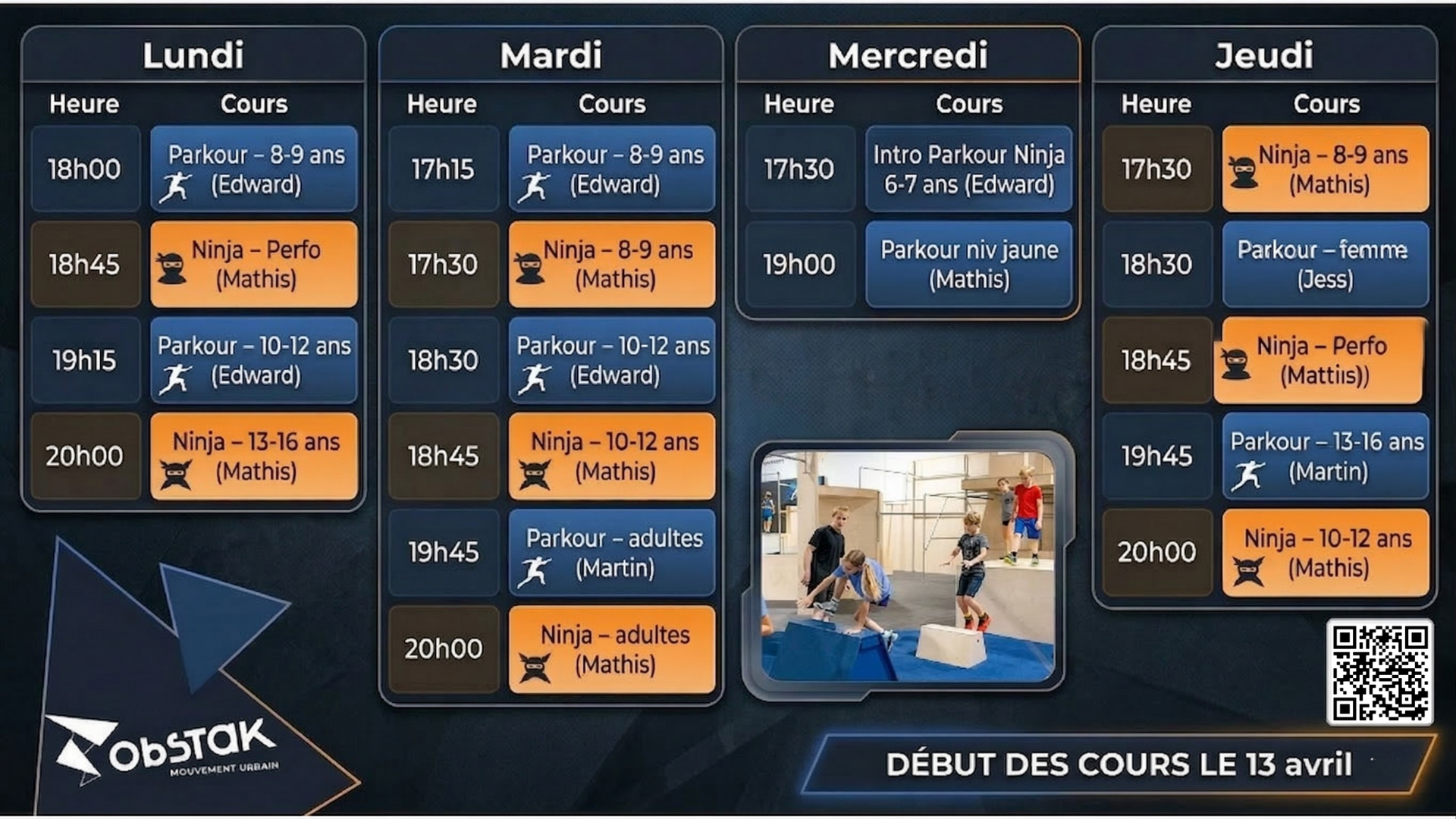 Session de cours Parkour et Ninja printemps 2026 chez Obstak